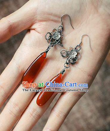 Handmade Chinese Traditional Silver Plum Ear Jewelry Classical Cheongsam Earrings Accessories Agate Eardrop