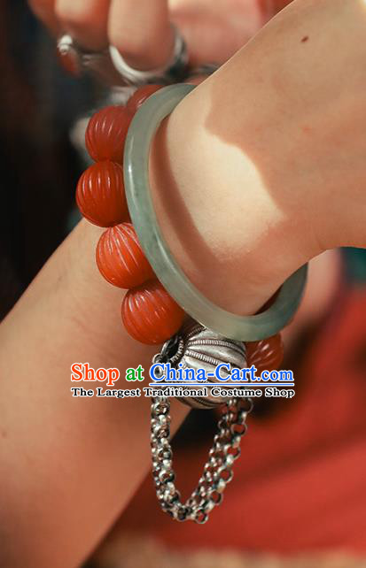 China Classical Agate Beads Wristlet Chain Bangle Jewelry Traditional Silver Pumpkin Bracelet Accessories