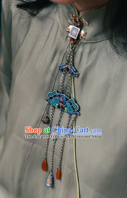 China Classical Cloisonne Breastpin Jewelry Traditional Cheongsam Collar Pendant Accessories Silver Bells Tassel Brooch