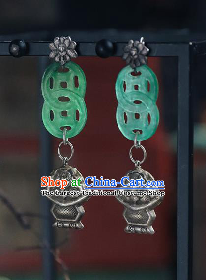 Handmade Chinese Wedding Jade Eardrop Classical Cheongsam Silver Earrings Accessories Traditional Ear Jewelry