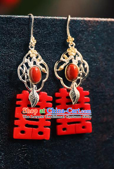 Handmade Chinese Classical Cheongsam Red Earrings Accessories Silver Eardrop Traditional Wedding Ear Jewelry