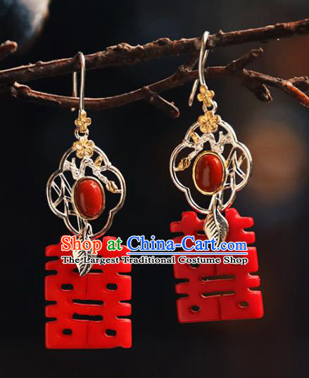 Handmade Chinese Classical Cheongsam Red Earrings Accessories Silver Eardrop Traditional Wedding Ear Jewelry