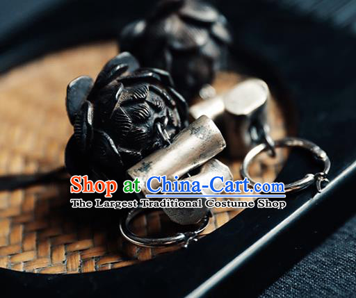Handmade Chinese Classical Cheongsam Ebony Carving Lotus Earrings Accessories Traditional Ear Jewelry Silver Eardrop