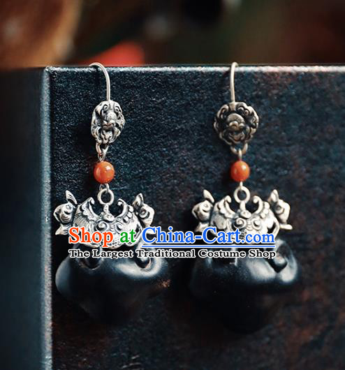 Handmade Chinese Classical Cheongsam Silver Carving Bat Earrings Accessories Traditional Ear Jewelry Ebony Eardrop