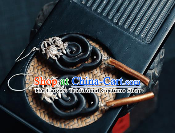 Handmade Chinese Classical Cheongsam Silver Earrings Traditional Ear Jewelry Ebony Eardrop Accessories