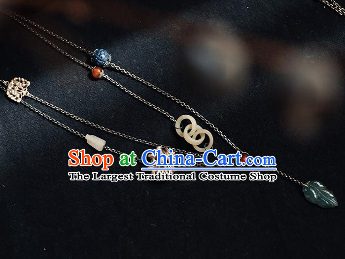 Chinese National Jade Leaf Tassel Necklace Classical Jewelry Handmade Ethnic Silver Necklet Accessories