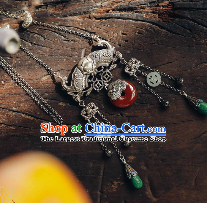 Chinese National Jade Tassel Necklace Classical Cheongsam Jewelry Longevity Lock Accessories Handmade Ethnic Silver Bat Necklet