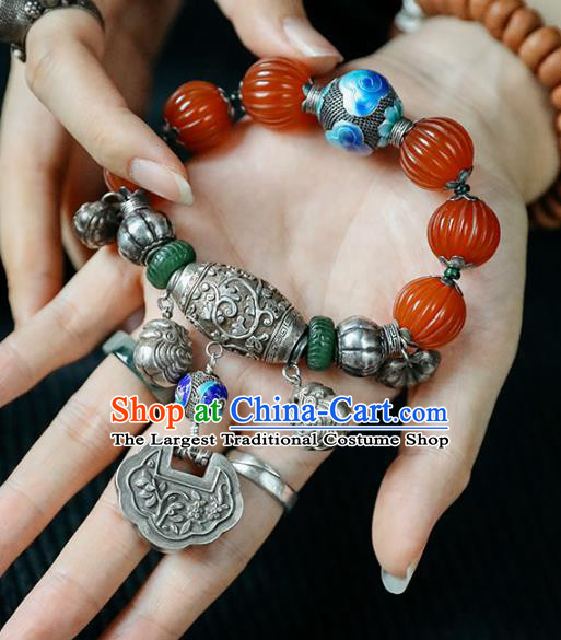 China Traditional Silver Bracelet Accessories Agate Beads Wristlet Classical Bangle Jewelry