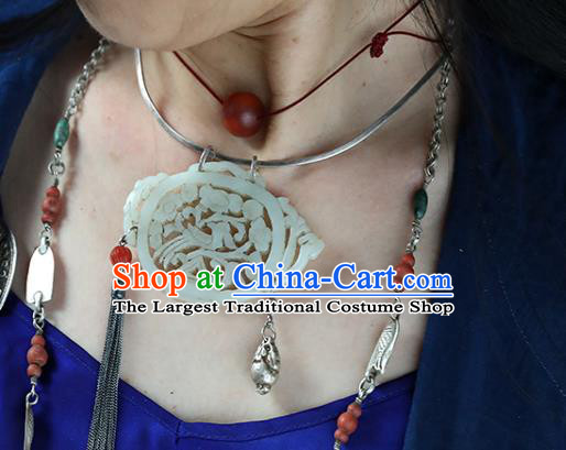 Chinese Classical Jewelry National Silver Necklace Handmade Ethnic Jade Carving Teapot Necklet Accessories
