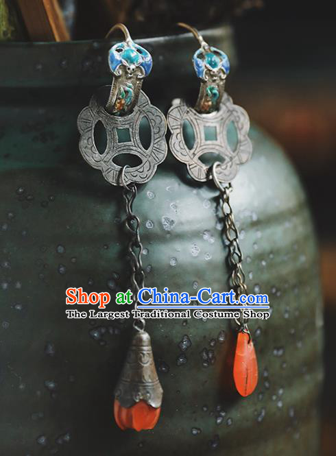 Handmade Chinese Traditional Agate Tassel Ear Jewelry Classical Cheongsam Blueing Earrings Accessories Silver Eardrop
