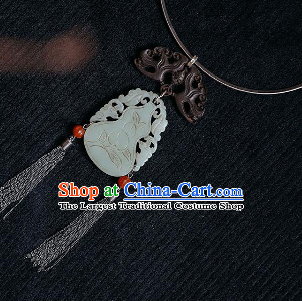 Chinese National Silver Necklace Handmade Ethnic Jade Carving Gourd Necklet Accessories Classical Jewelry