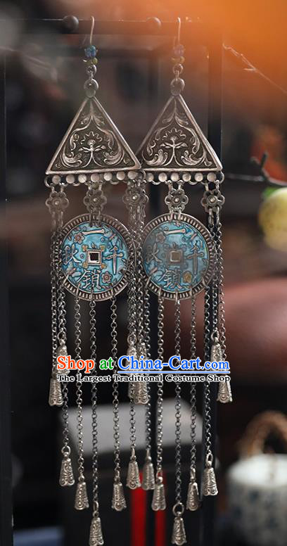 Handmade Chinese Classical Cheongsam Silver Earrings Accessories Traditional Long Tassel Ear Jewelry Wedding Blueing Copper Eardrop