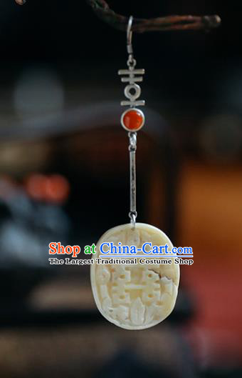 Handmade Chinese Carving Bat White Eardrop Classical Cheongsam Earrings Accessories Traditional Wedding Silver Ear Jewelry