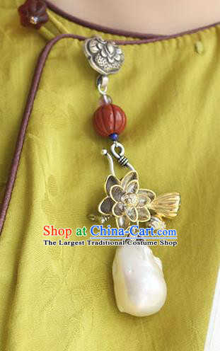 Chinese Handmade National Pearl Tassel Breastpin Pendant Cheongsam Jewelry Accessories Classical Silver Lotus Brooch