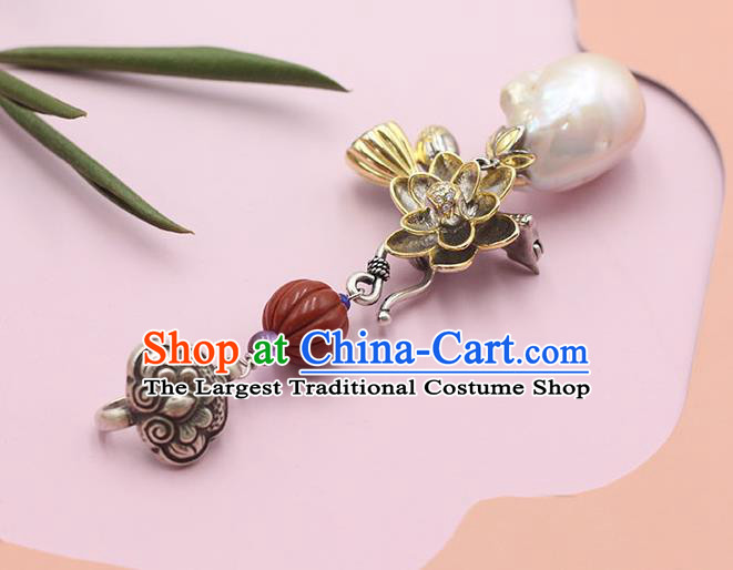 Chinese Handmade National Pearl Tassel Breastpin Pendant Cheongsam Jewelry Accessories Classical Silver Lotus Brooch