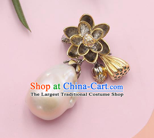 Chinese Cheongsam Jewelry Accessories Classical Silver Lotus Brooch Handmade National Pearl Tassel Breastpin Pendant