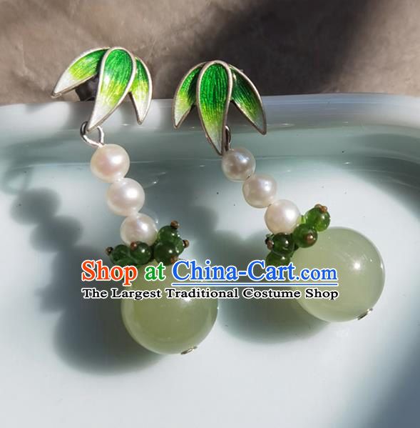Handmade Chinese Enamel Bamboo Leaf Ear Jewelry Traditional Eardrop Classical Pearls Earrings Accessories