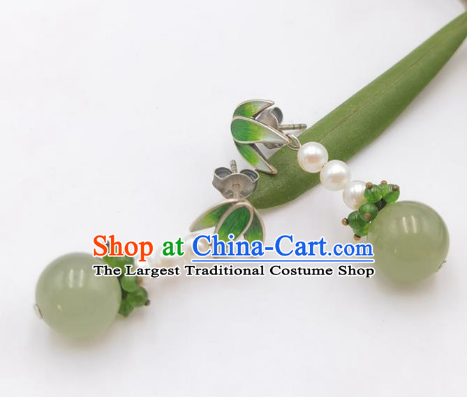 Handmade Chinese Enamel Bamboo Leaf Ear Jewelry Traditional Eardrop Classical Pearls Earrings Accessories