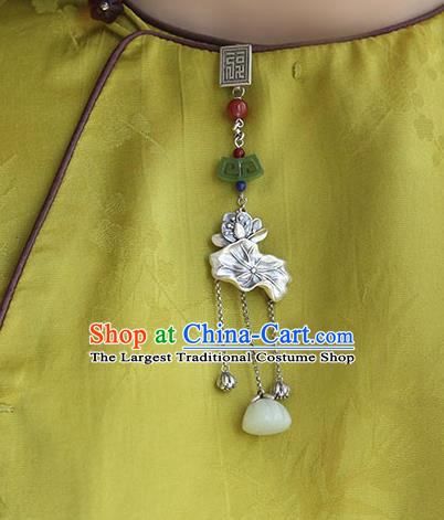 Chinese Handmade National Jade Tassel Breastpin Pendant Cheongsam Jewelry Accessories Classical Silver Lotus Brooch