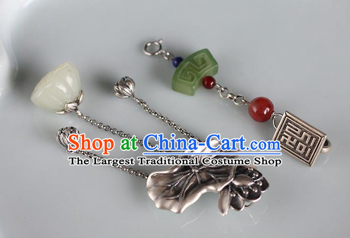 Chinese Handmade National Jade Tassel Breastpin Pendant Cheongsam Jewelry Accessories Classical Silver Lotus Brooch