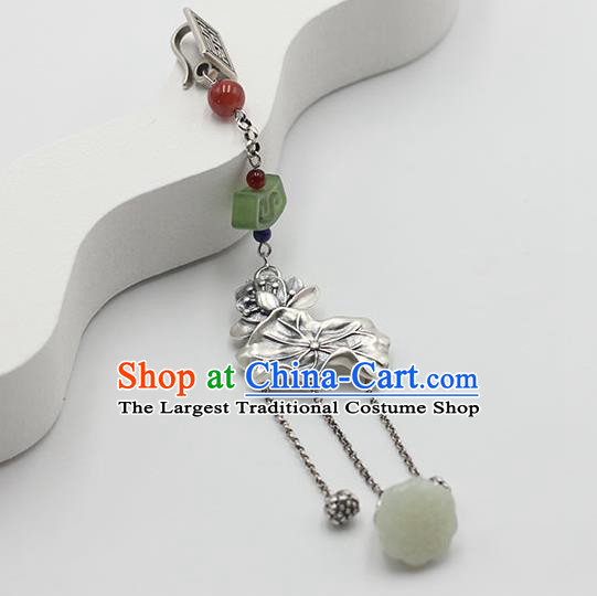 Chinese Handmade National Jade Tassel Breastpin Pendant Cheongsam Jewelry Accessories Classical Silver Lotus Brooch