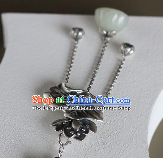 Chinese Handmade National Jade Tassel Breastpin Pendant Cheongsam Jewelry Accessories Classical Silver Lotus Brooch