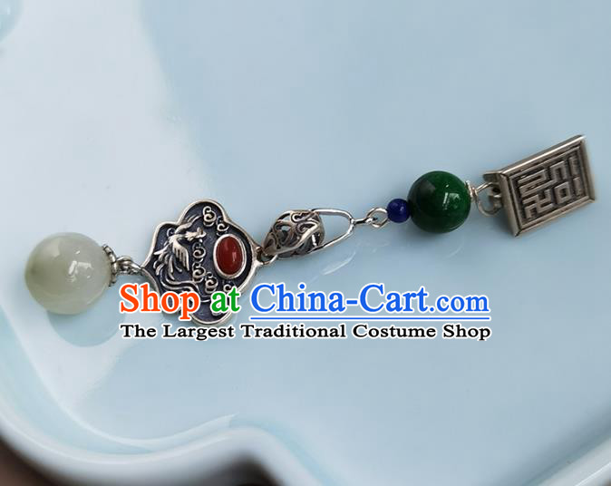 Chinese Cheongsam Jewelry Accessories Handmade National Jade Breastpin Pendant Classical Silver Carving Phoenix Brooch