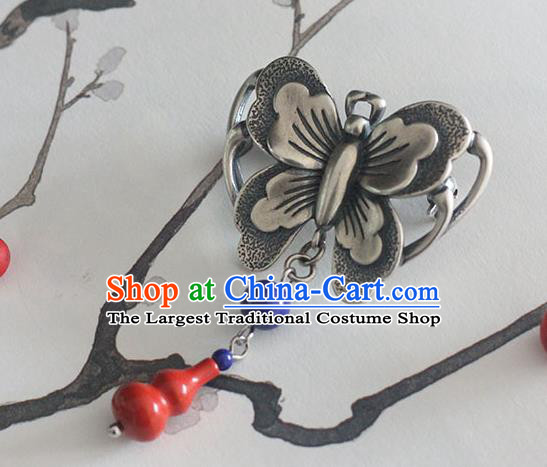 Chinese Handmade National Silver Butterfly Breastpin Pendant Cheongsam Jewelry Accessories Classical Red Gourd Brooch