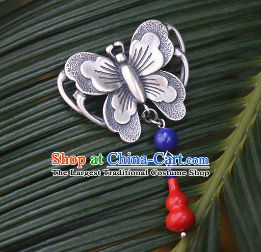 Chinese Handmade National Silver Butterfly Breastpin Pendant Cheongsam Jewelry Accessories Classical Red Gourd Brooch