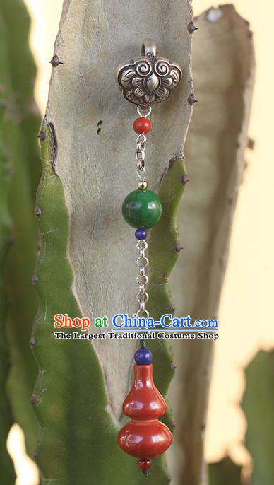 Chinese Handmade National Cinnabar Gourd Breastpin Pendant Cheongsam Jewelry Accessories Classical Silver Brooch