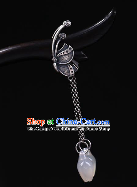China National Silver Butterfly Ebony Hairpin Handmade Hair Jewelry Accessories Traditional Cheongsam Jade Magnolia Tassel Hair Stick
