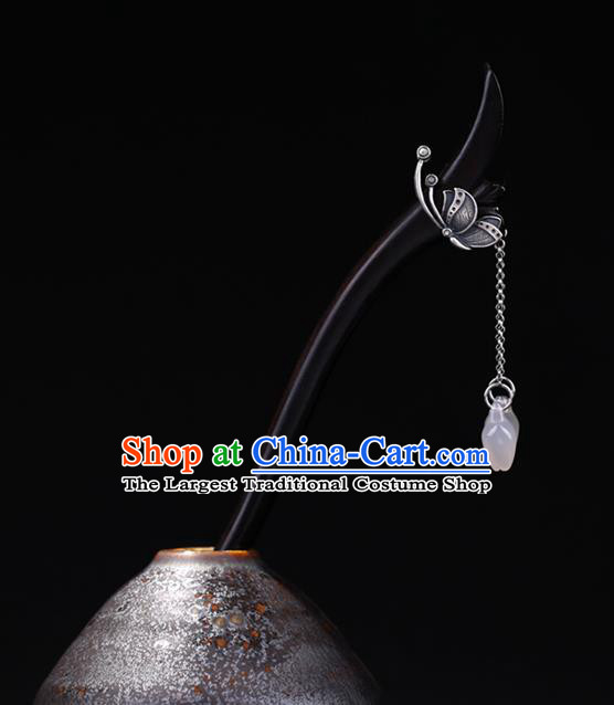 China National Silver Butterfly Ebony Hairpin Handmade Hair Jewelry Accessories Traditional Cheongsam Jade Magnolia Tassel Hair Stick