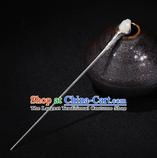 China National Jade Magnolia Hairpin Handmade Hair Jewelry Accessories Traditional Cheongsam Silver Hair Stick