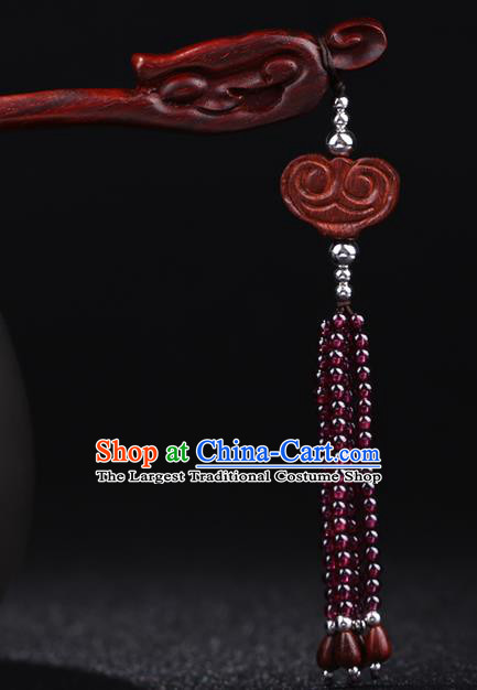 China National Rosewood Carving Hairpin Handmade Hair Jewelry Accessories Traditional Cheongsam Garnet Beads Tassel Hair Stick