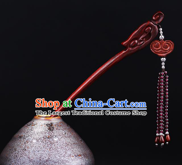 China National Rosewood Carving Hairpin Handmade Hair Jewelry Accessories Traditional Cheongsam Garnet Beads Tassel Hair Stick