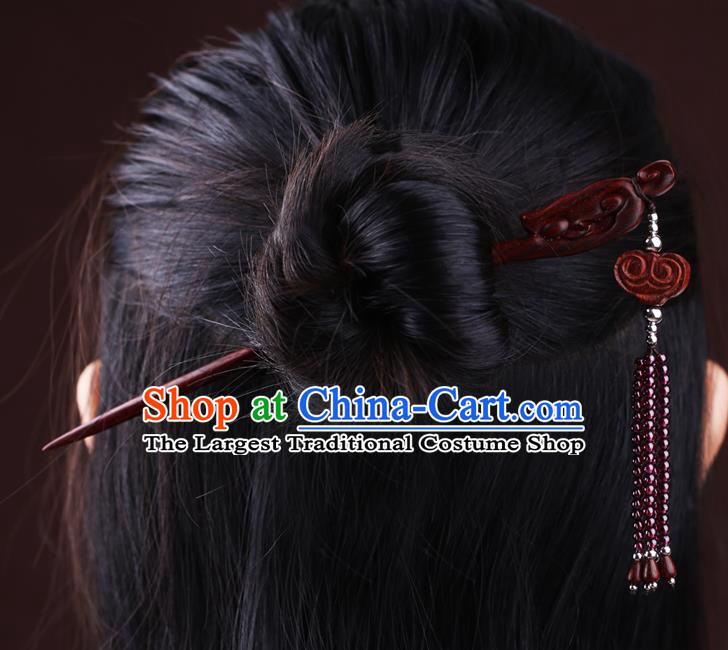 China National Rosewood Carving Hairpin Handmade Hair Jewelry Accessories Traditional Cheongsam Garnet Beads Tassel Hair Stick