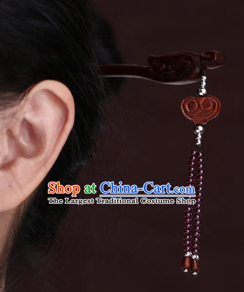 China National Rosewood Carving Hairpin Handmade Hair Jewelry Accessories Traditional Cheongsam Garnet Beads Tassel Hair Stick
