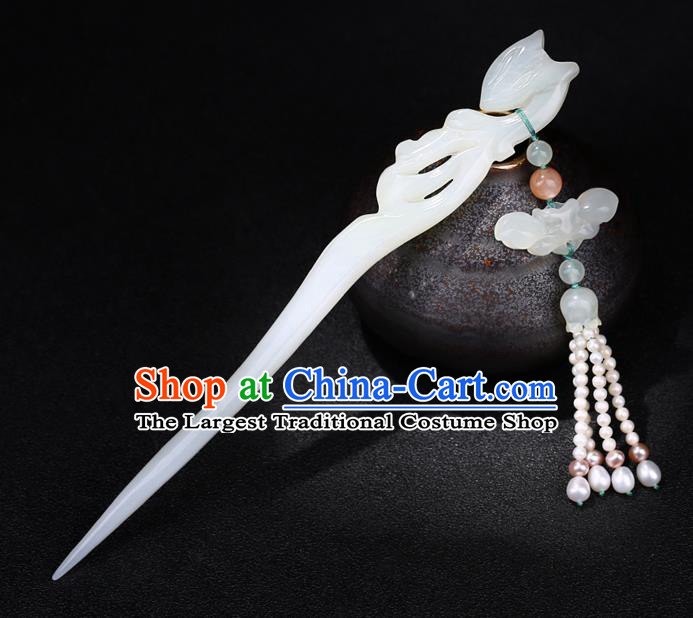China National Pearls Tassel Hairpin Handmade Hair Jewelry Accessories Traditional Cheongsam Jade Fox Hair Stick