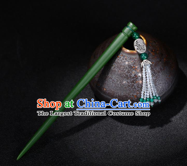 China National Beads Tassel Hairpin Handmade Hair Jewelry Accessories Traditional Cheongsam Green Jade Hair Clip
