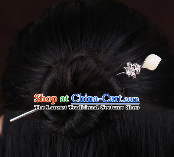 China National Jade Magnolia Hairpin Handmade Hair Jewelry Accessories Traditional Cheongsam Silver Hair Clip