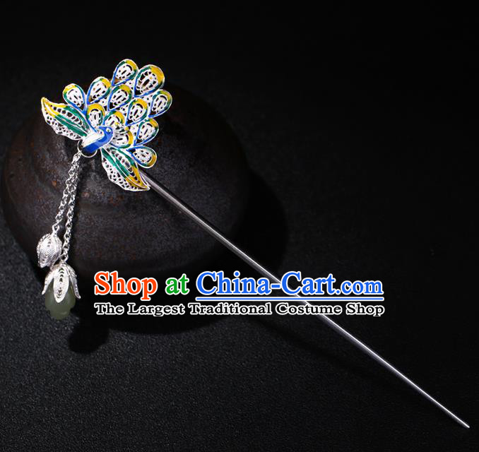China National Cloisonne Peacock Hairpin Handmade Hair Jewelry Accessories Traditional Cheongsam Jade Magnolia Tassel Silver Hair Clip