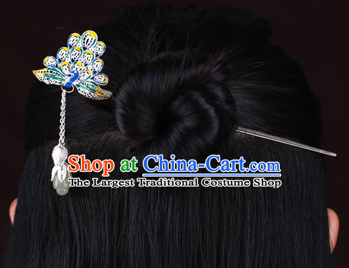 China National Cloisonne Peacock Hairpin Handmade Hair Jewelry Accessories Traditional Cheongsam Jade Magnolia Tassel Silver Hair Clip