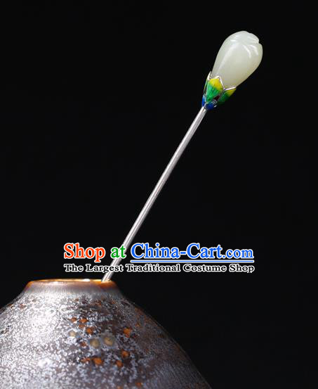 China National Enamel Silver Hairpin Handmade Hair Jewelry Accessories Traditional Cheongsam Jade Magnolia Hair Clip