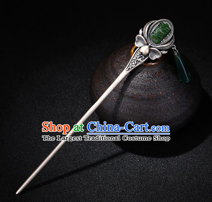 China National Wedding Silver Hairpin Handmade Hair Jewelry Accessories Traditional Cheongsam Green Jade Hair Clip