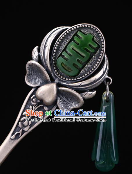 China National Wedding Silver Hairpin Handmade Hair Jewelry Accessories Traditional Cheongsam Green Jade Hair Clip