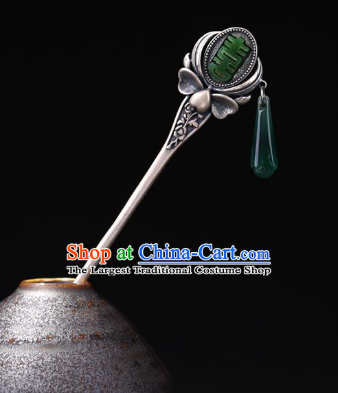 China National Wedding Silver Hairpin Handmade Hair Jewelry Accessories Traditional Cheongsam Green Jade Hair Clip