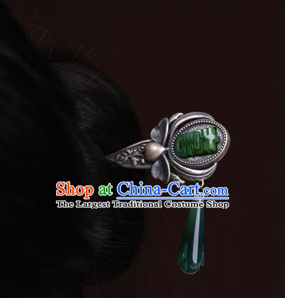 China National Wedding Silver Hairpin Handmade Hair Jewelry Accessories Traditional Cheongsam Green Jade Hair Clip