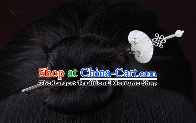 China National Carving Silver Hairpin Handmade Hair Jewelry Accessories Traditional Cheongsam White Jade Hair Clip