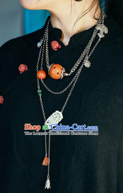 Chinese Handmade Ethnic Silver Necklet Classical Cheongsam Jewelry Accessories National Agate Pumpkin Necklace
