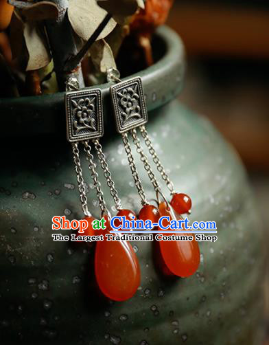 Handmade Chinese Traditional Wedding Silver Eardrop Classical Cheongsam Earrings Accessories Agate Ear Jewelry
